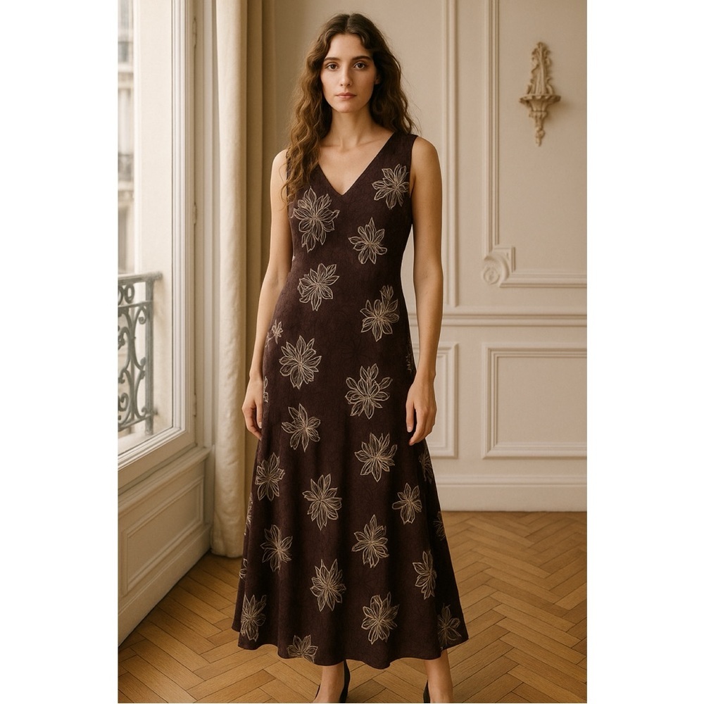 Newport News Vintage 90s Y2K Midi Slip Dress Bias Cut Brown Floral Sleeveless 18